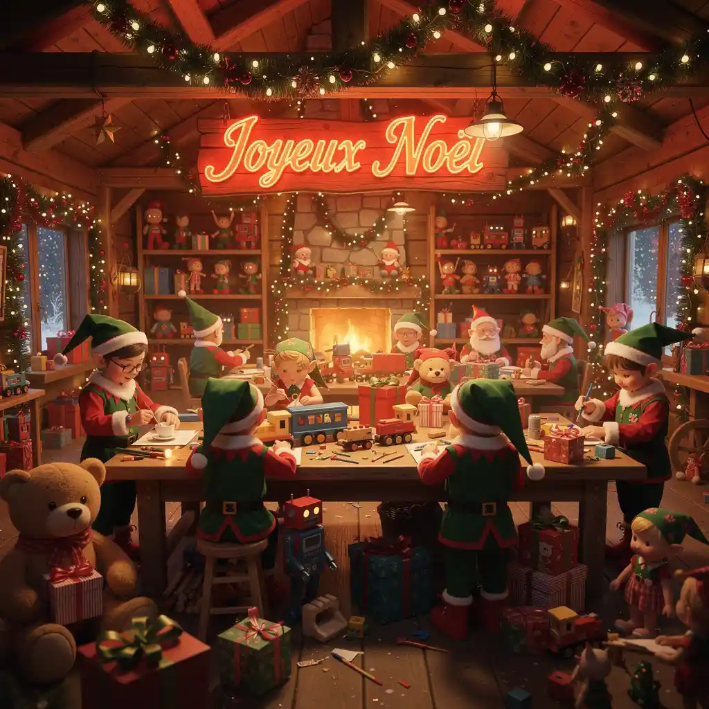 Santa workshop interior with elves toys and neon greeting