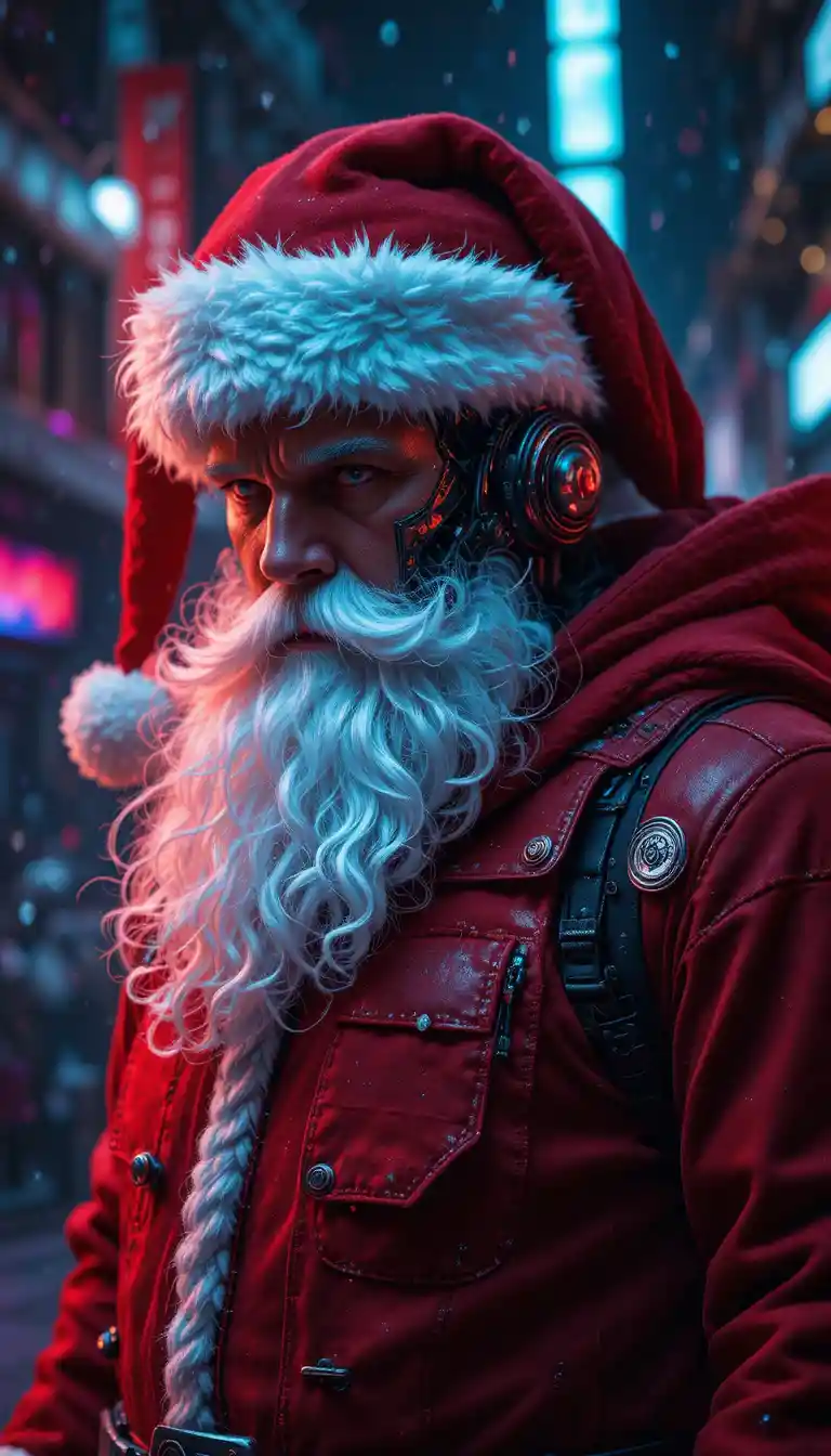 Père Noël cyborg dans une ville nocturne néon cyberpunk