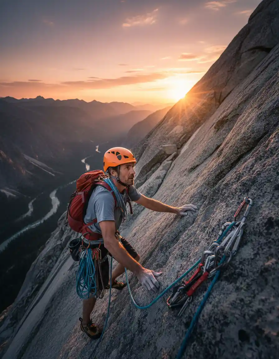 Grimpeur escaladant un sommet de montagne au coucher de soleil flamboyant