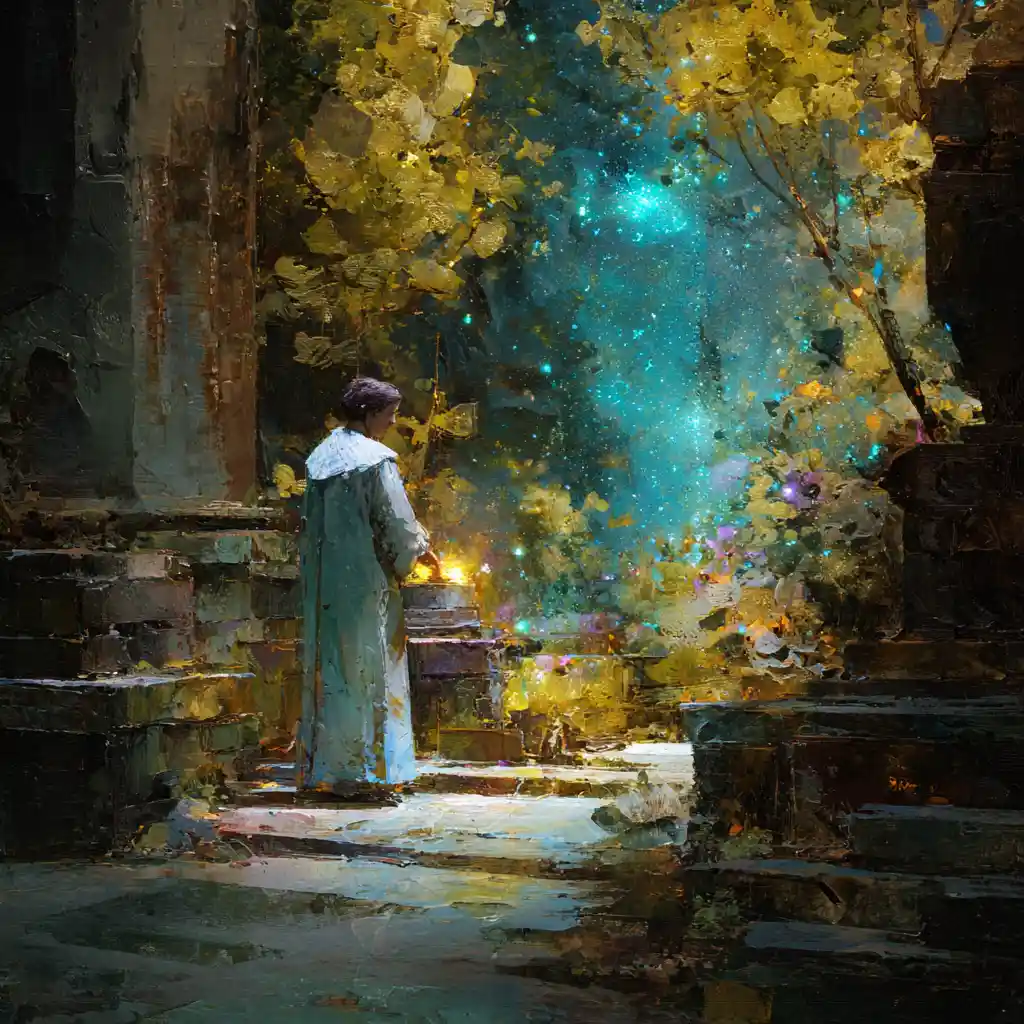 Traveler discovering an alien garden of crystalline starlit flora