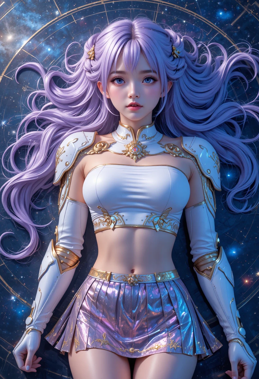 Garota de anime em armadura futurista sobre mapa estelar celestial