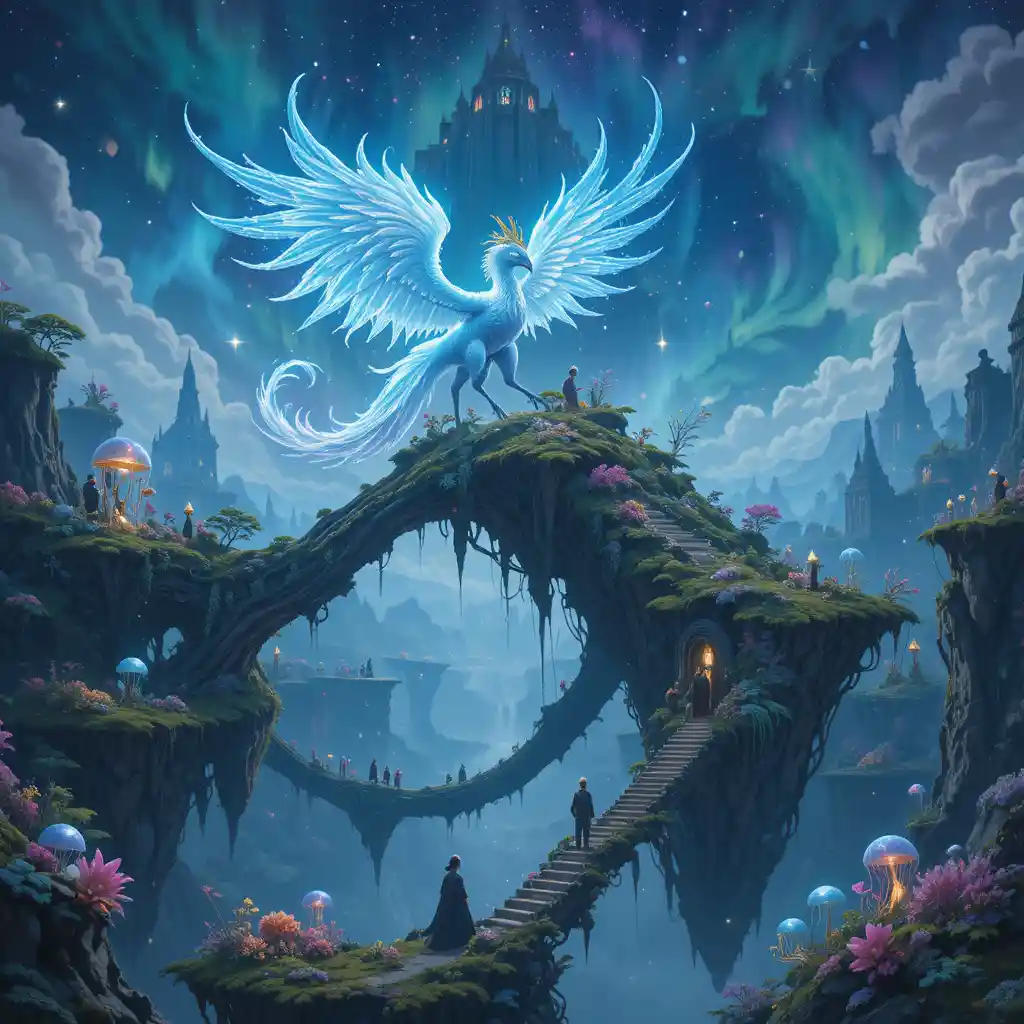 Crystal winged phoenix over floating bioluminescent coral isles