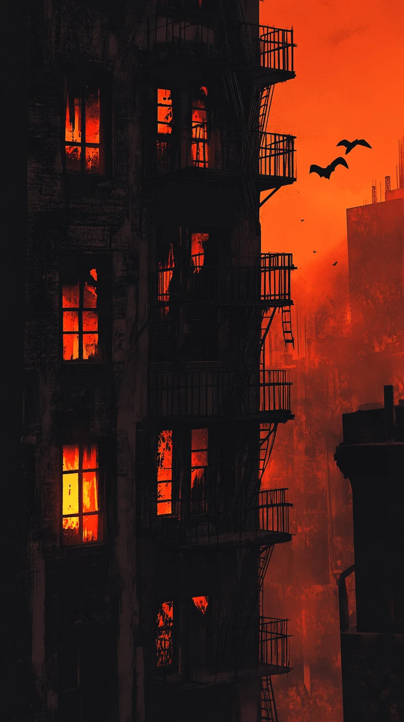 Fachada de apartamento en niebla naranja con ventanas rojas brillantes