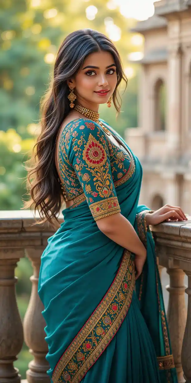 Smiling Indian woman in teal saree on ornate balcony