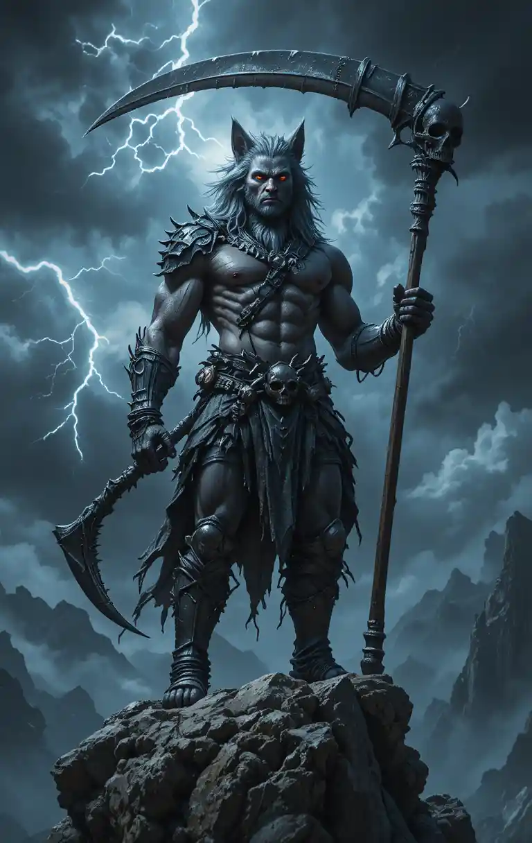 Muscular wolf warrior standing on a stormy rocky cliff