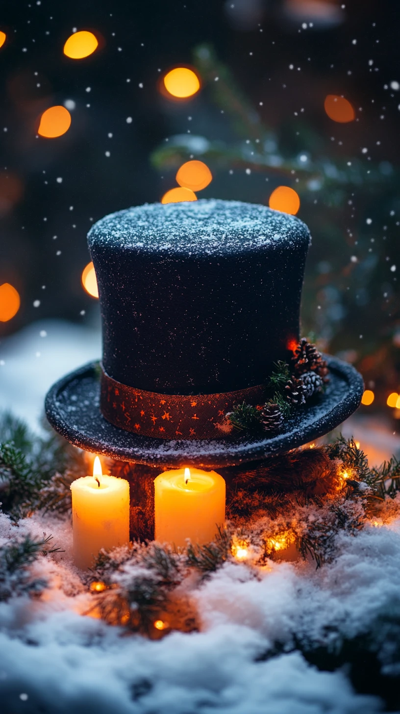 Black top hat on snowy ground lit by warm candles