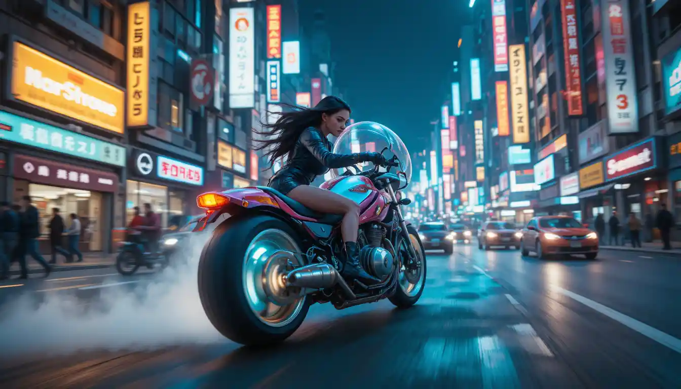 Woman on hovercraft racing through neon cyberpunk city