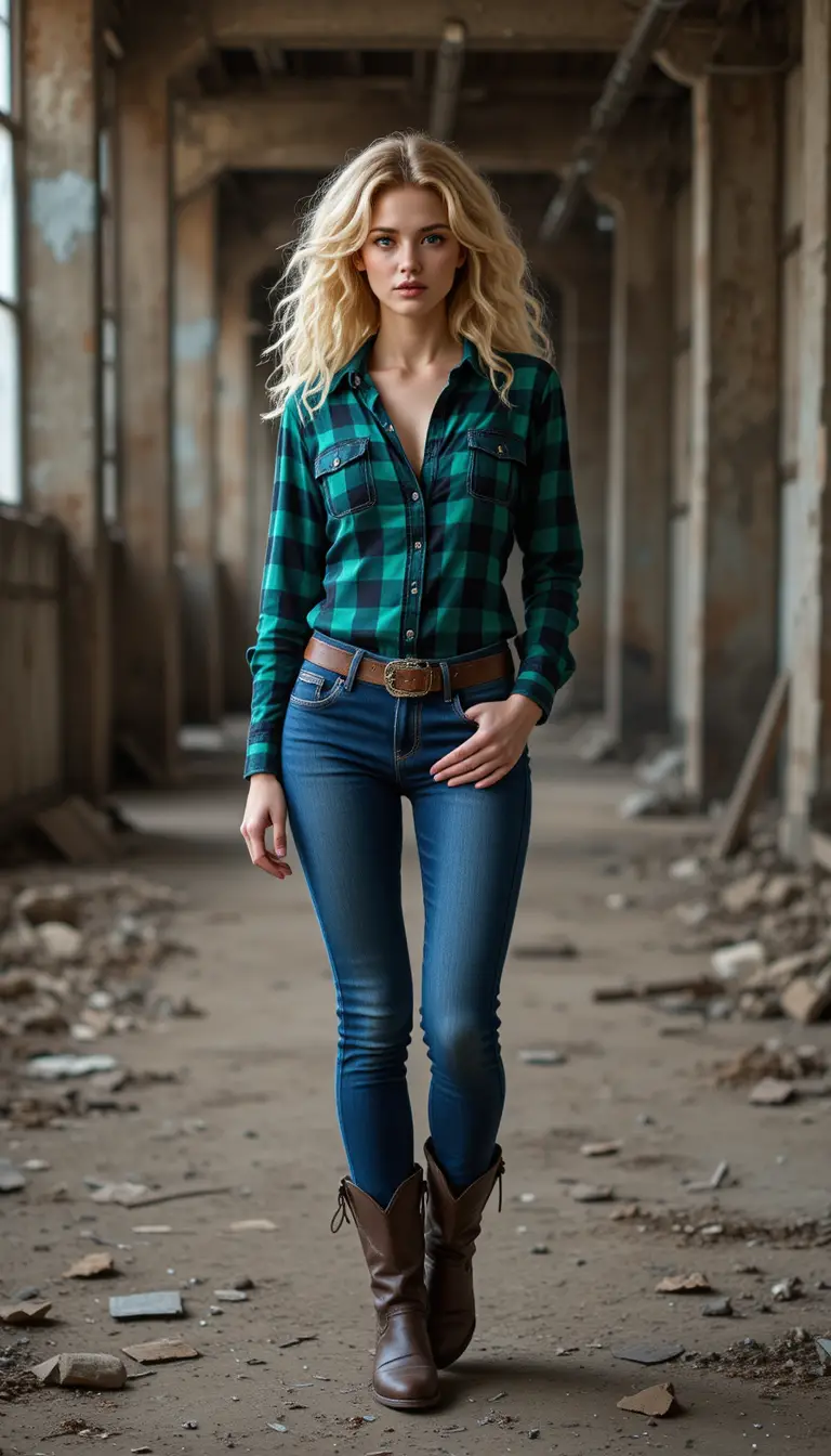 Mujer rubia con camisa a cuadros posando en fábrica abandonada