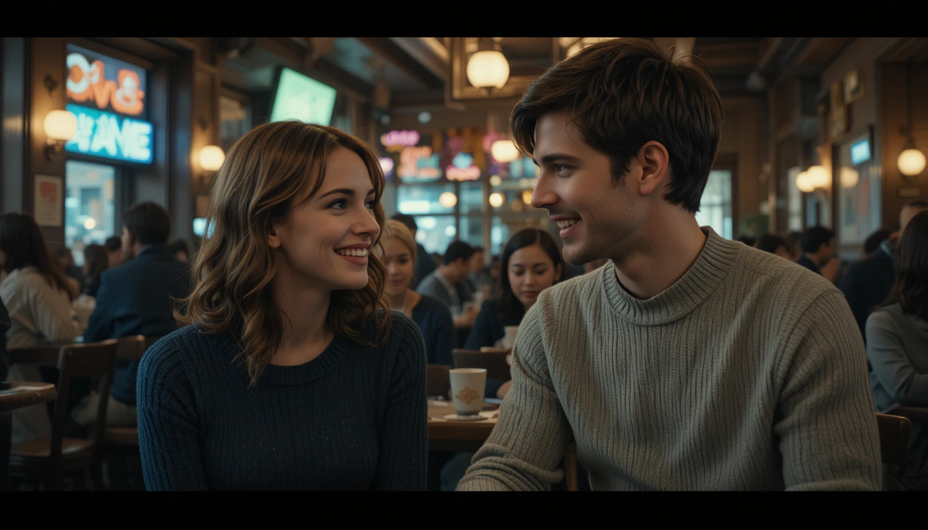 Smiling woman in a busy cafe with dramatic cinematic lighting