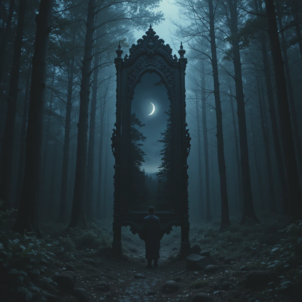 Alto espejo en el bosque que refleja un paisaje nocturno sombrío