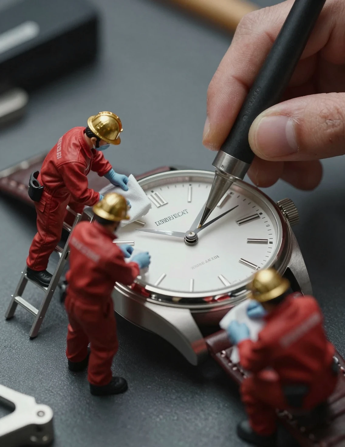Minúsculos trabajadores limpiando un reloj de pulsera en detalle macro
