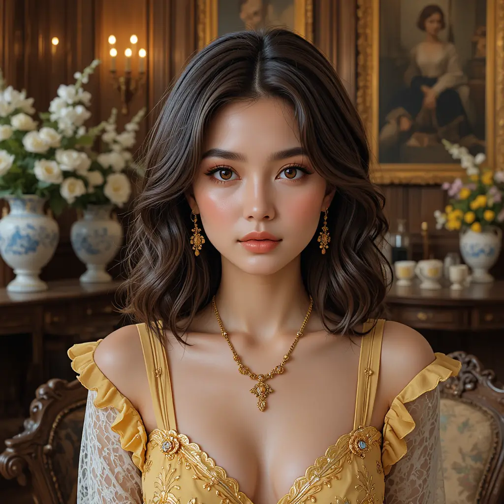 Jovem mulher de vestido amarelo em interior floral vintage