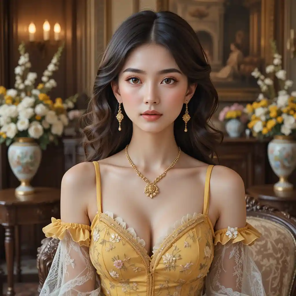 Young woman in yellow dress in ornate vintage interior