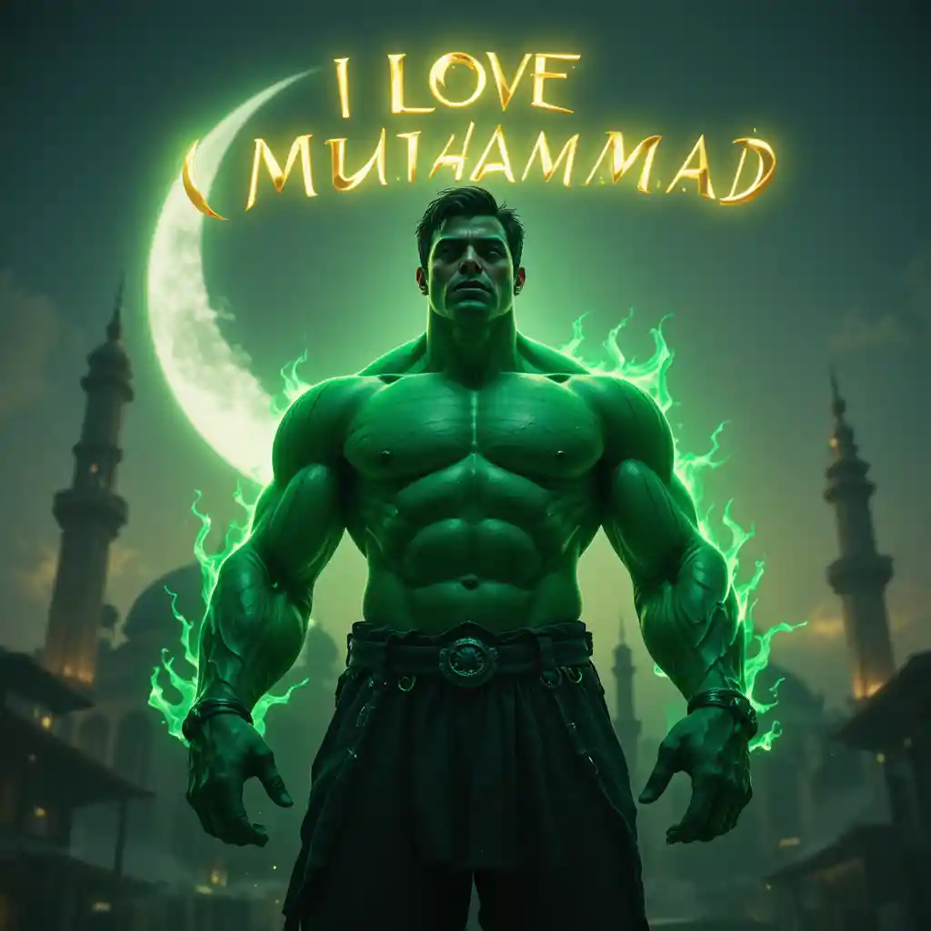 Super-héros vert dans une scène nocturne spirituelle avec mosquée et lune