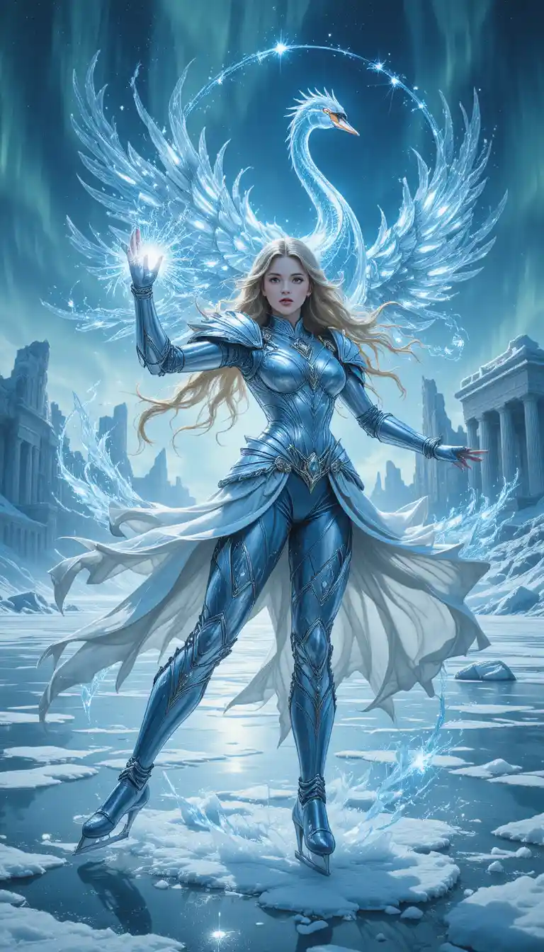 Golden haired warrior skating across a frozen cosmic lake