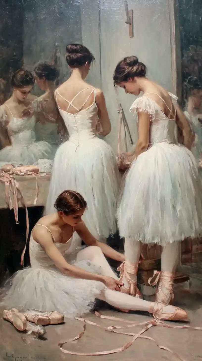 Dipinto a olio impressionista di ballerine che si preparano dietro le quinte
