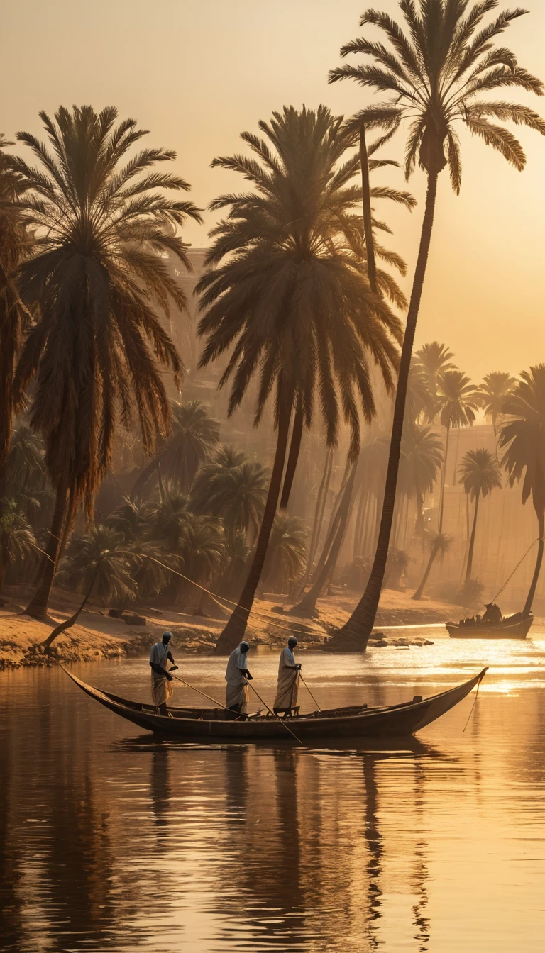 Pescadores ao Amanhecer às Margens do Rio Nilo