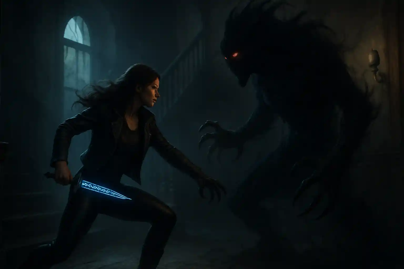 Warrior woman battling a shadow demon in gothic interior