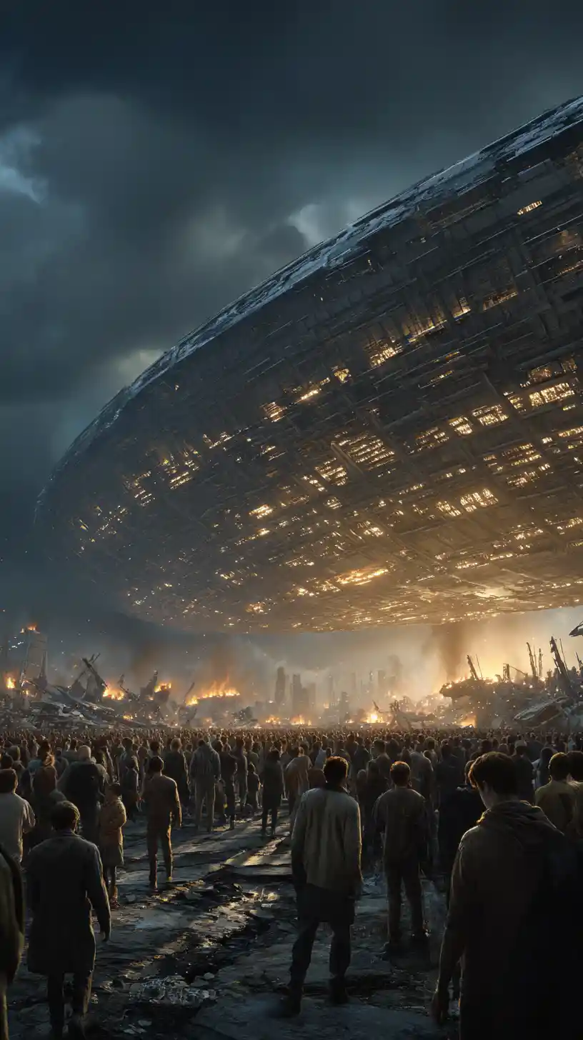 Futuristic ark spaceship over a devastated dystopian Earth