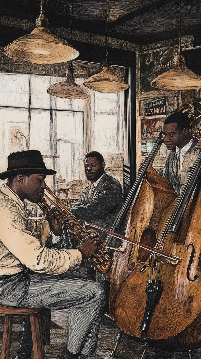 Jazz band of five musicians in a warm vintage club