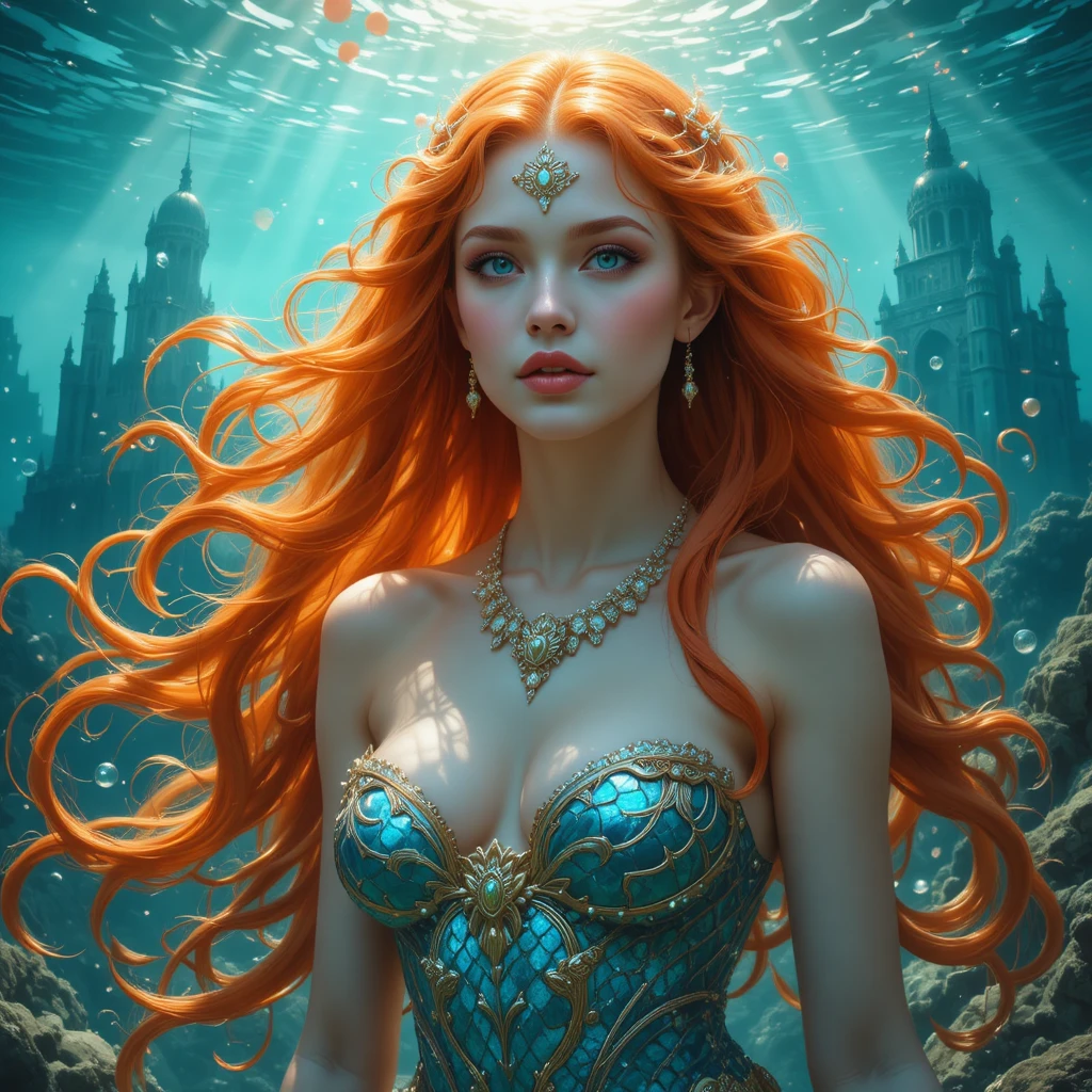 Mystical sea goddess with flowing orange curls underwater