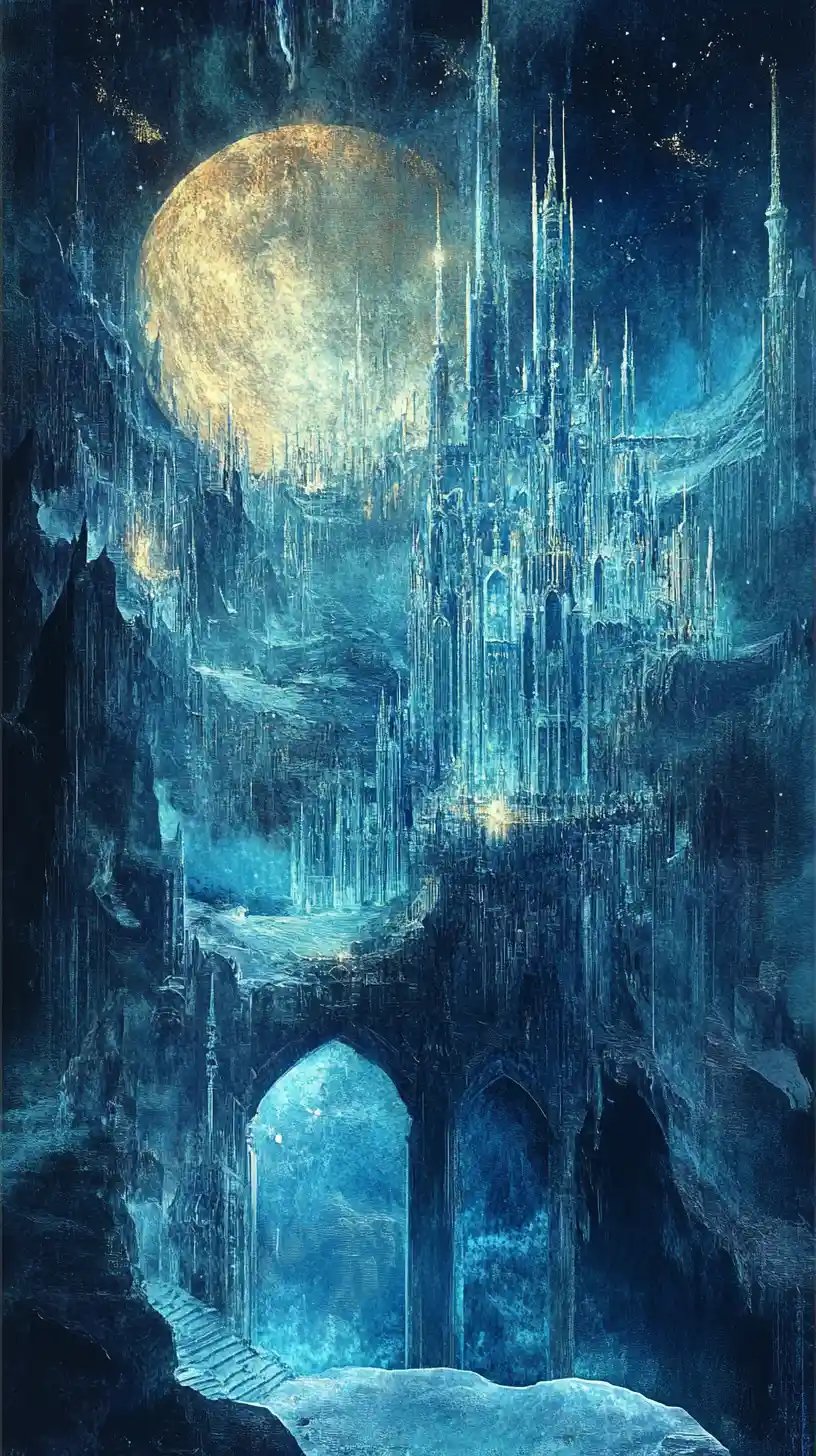 Whimsical fantasy town with a radiant ice palace