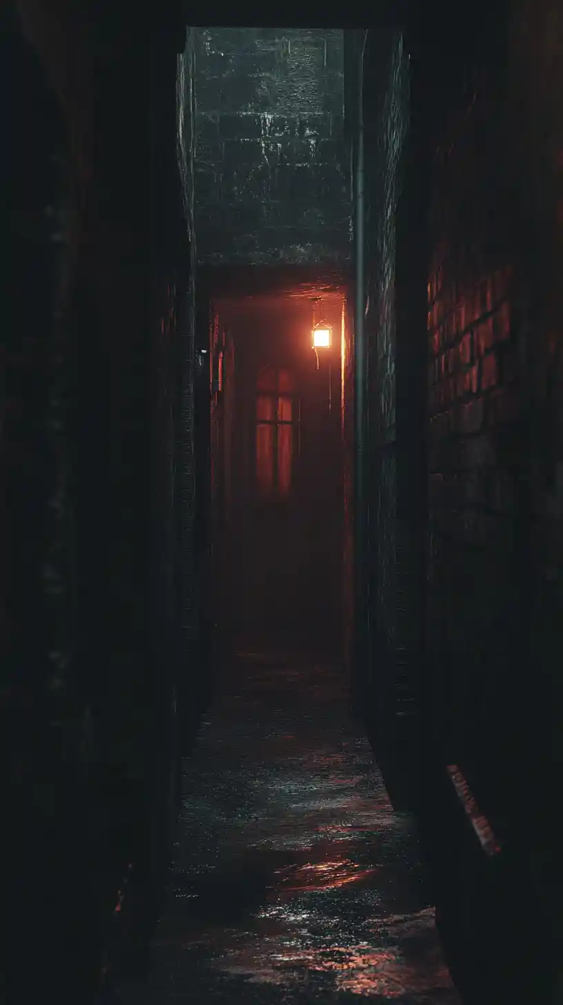 Close up view of a dark abandoned alley at night