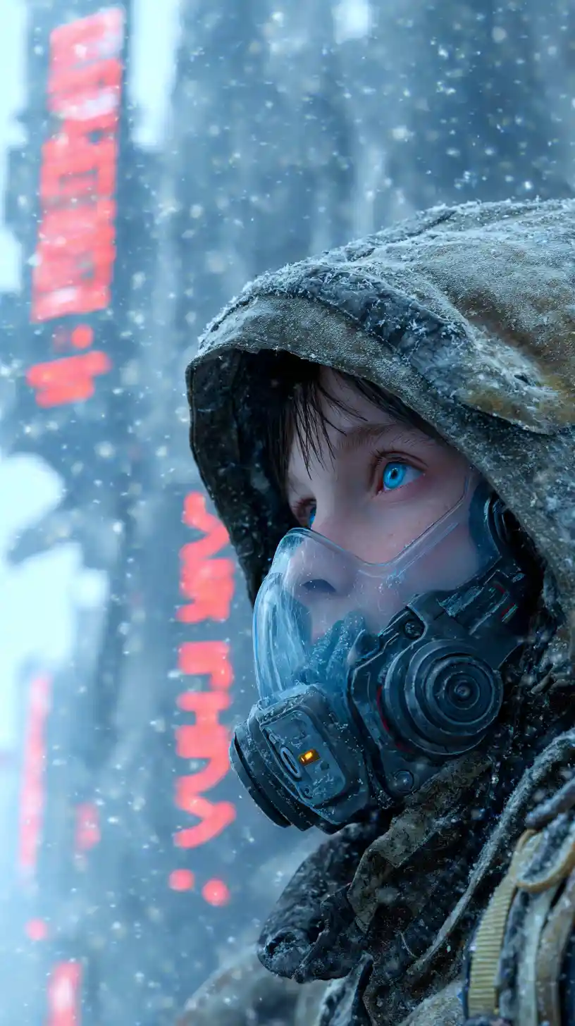 Lonely boy in respirator in frozen futuristic city street