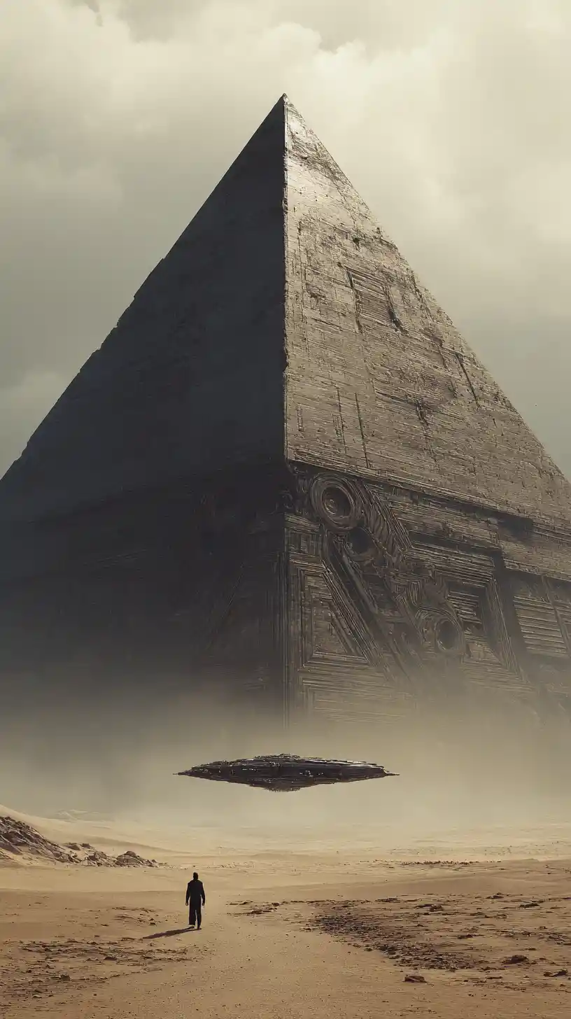 Massive brutalist pyramid towering over a lone spaceship