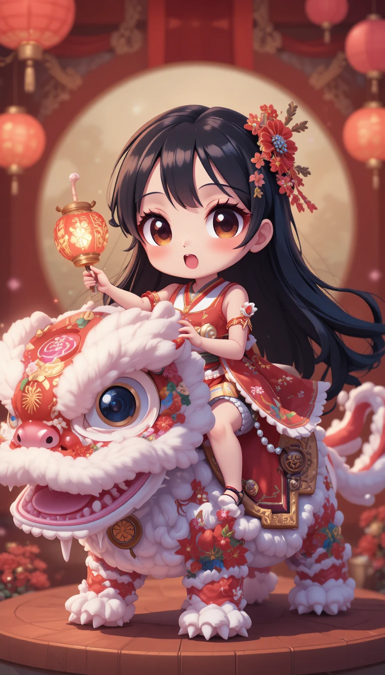 Donna chibi in kimono che cavalca un leone con lanterna luminosa