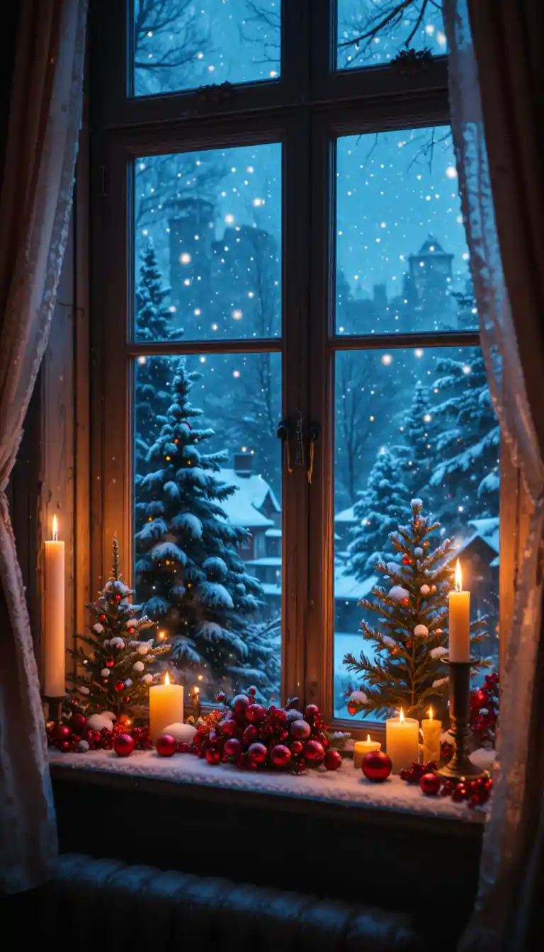 Accogliente stanza di Natale con candele luminose e finestra innevata
