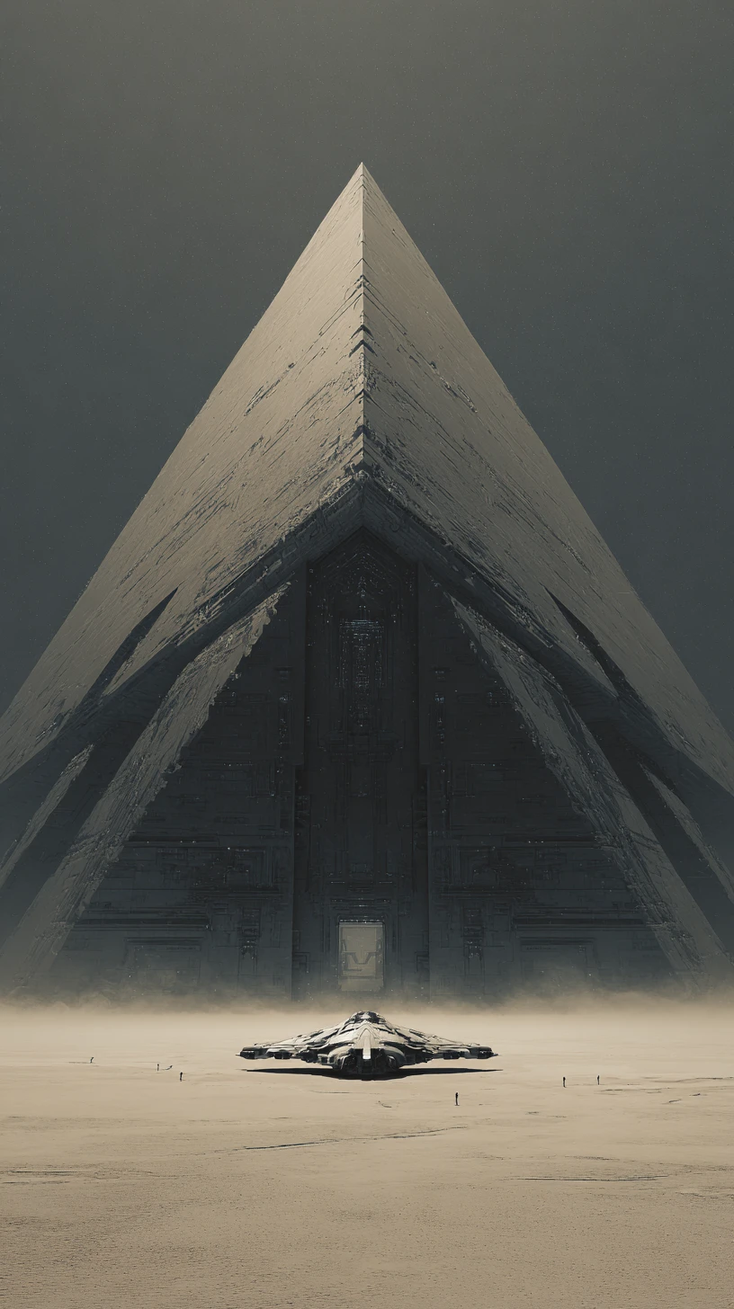 Massive brutalistische Pyramide, die aus einer kargen Wüste aufragt