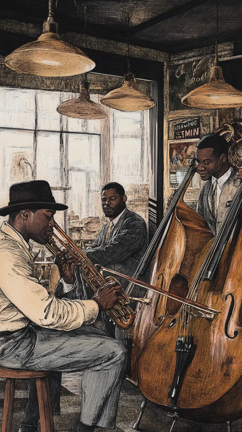 Jazz band of five musicians in a warm vintage club