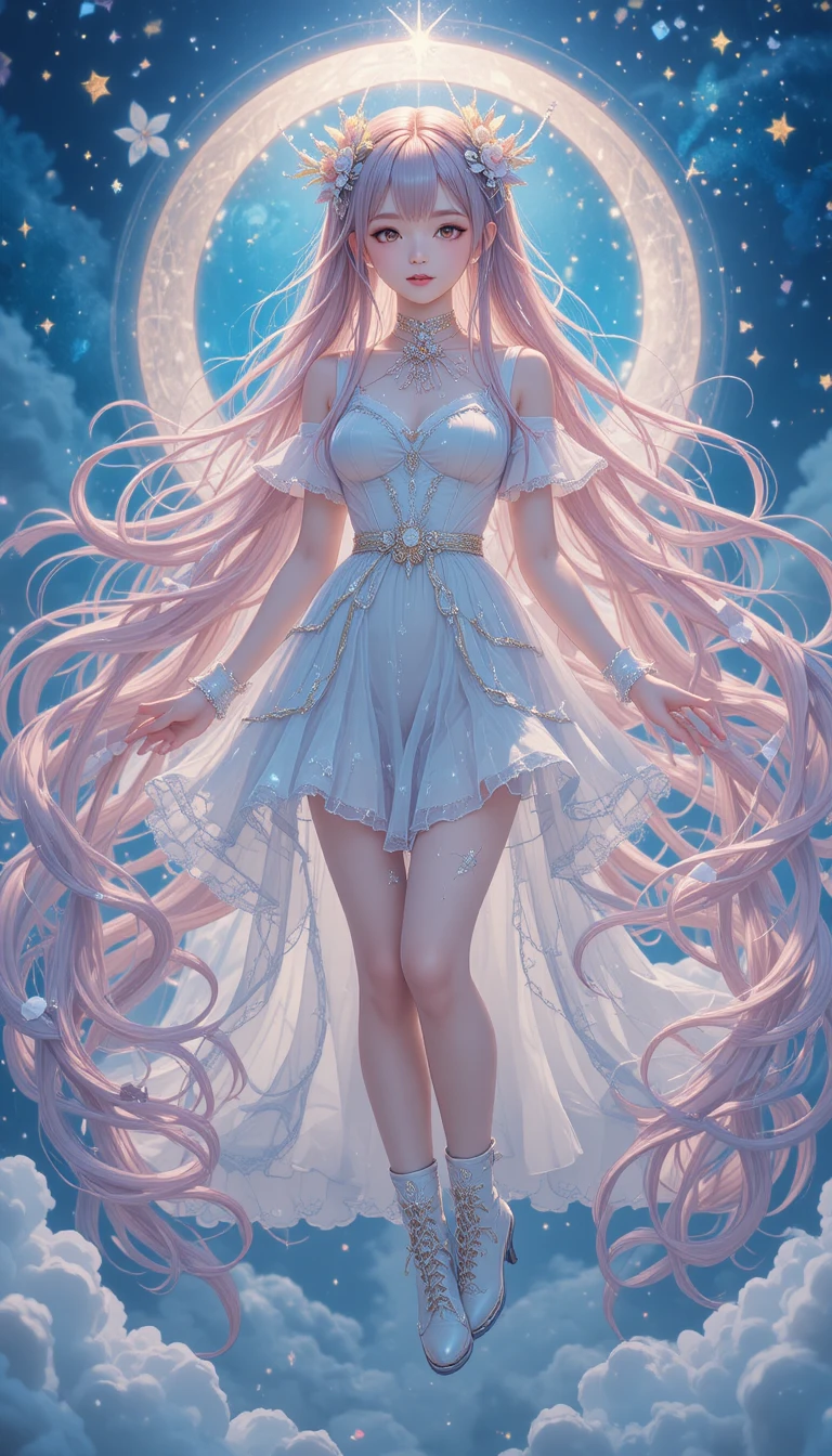 漂浮在發光星空前的魔法系動畫少女