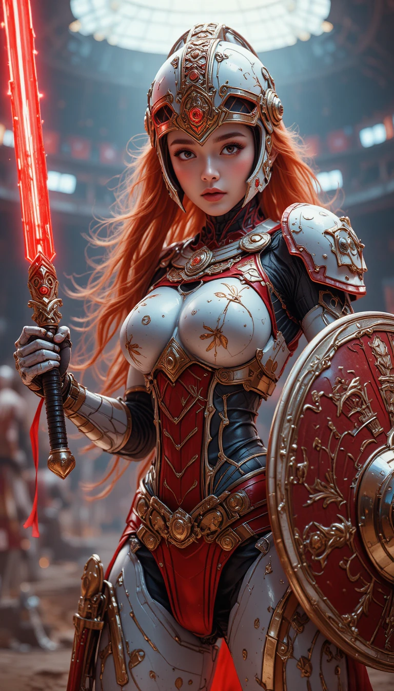 Red haired cyborg gladiator woman with sword and shield