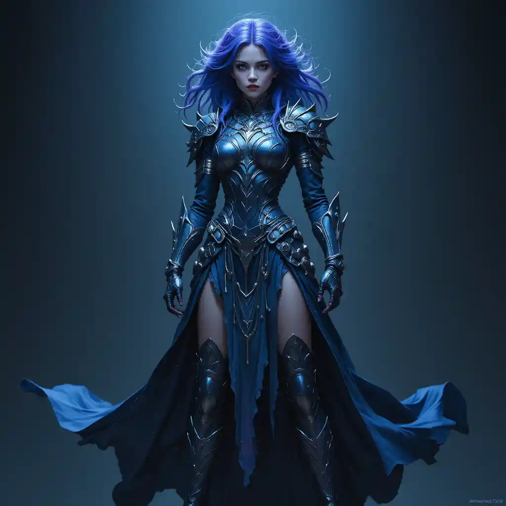 Tall fantasy warrior woman in ornate blue armor