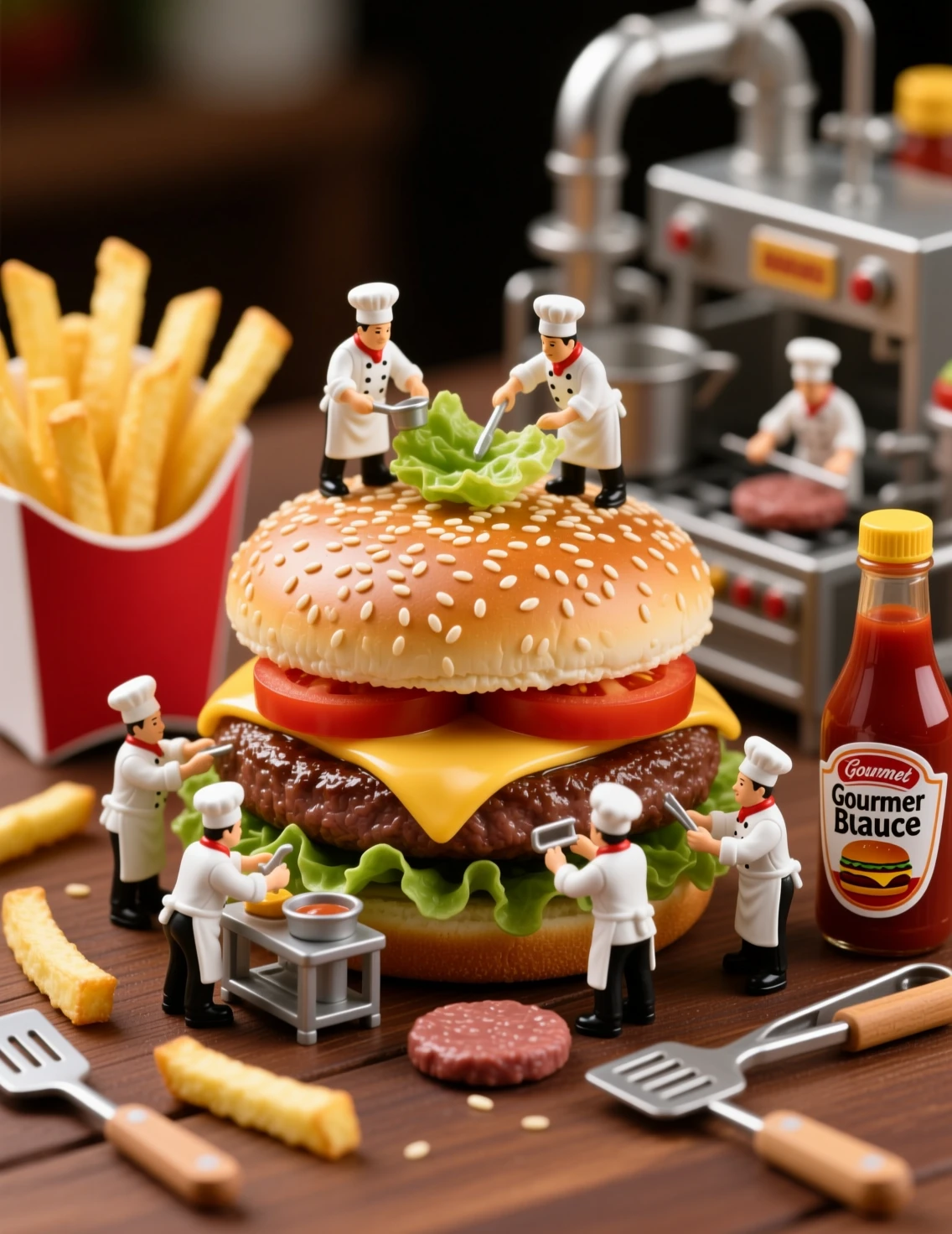 Miniature chefs building a giant burger in playful kitchen scene