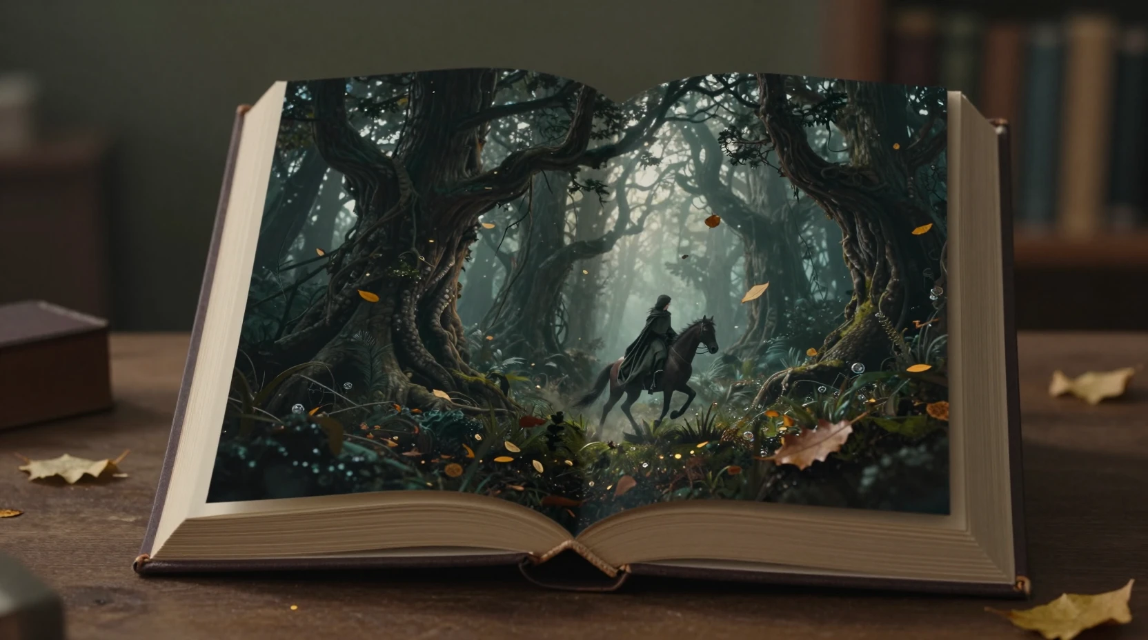 Cavaliera incappucciata che emerge da un libro sulla foresta incantata