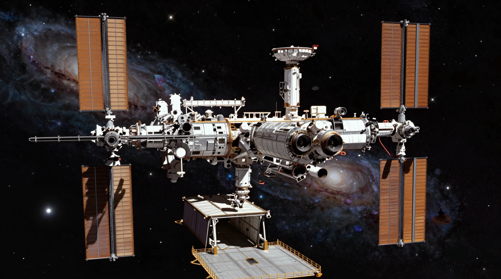Massive Wheel Shaped Space Station Surrounded By Stars