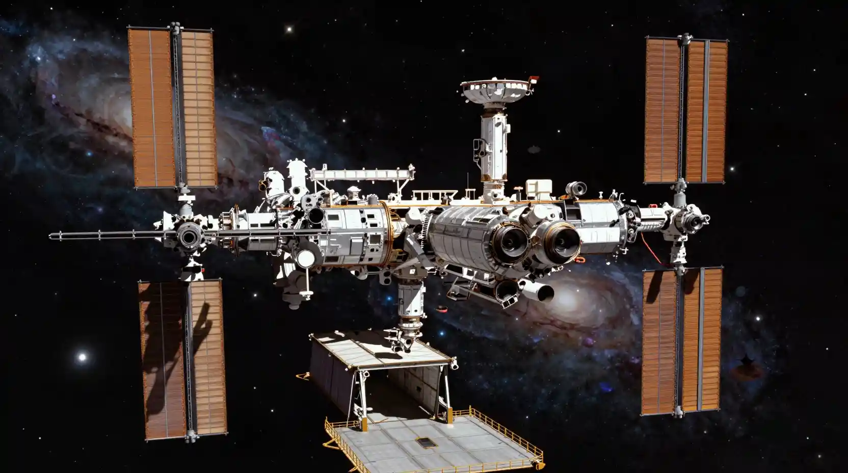 Massive Wheel Shaped Space Station Surrounded By Stars