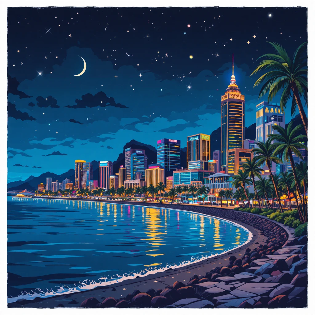 Lebendige Skyline von Honolulu mit Neonlichtern bei Nacht