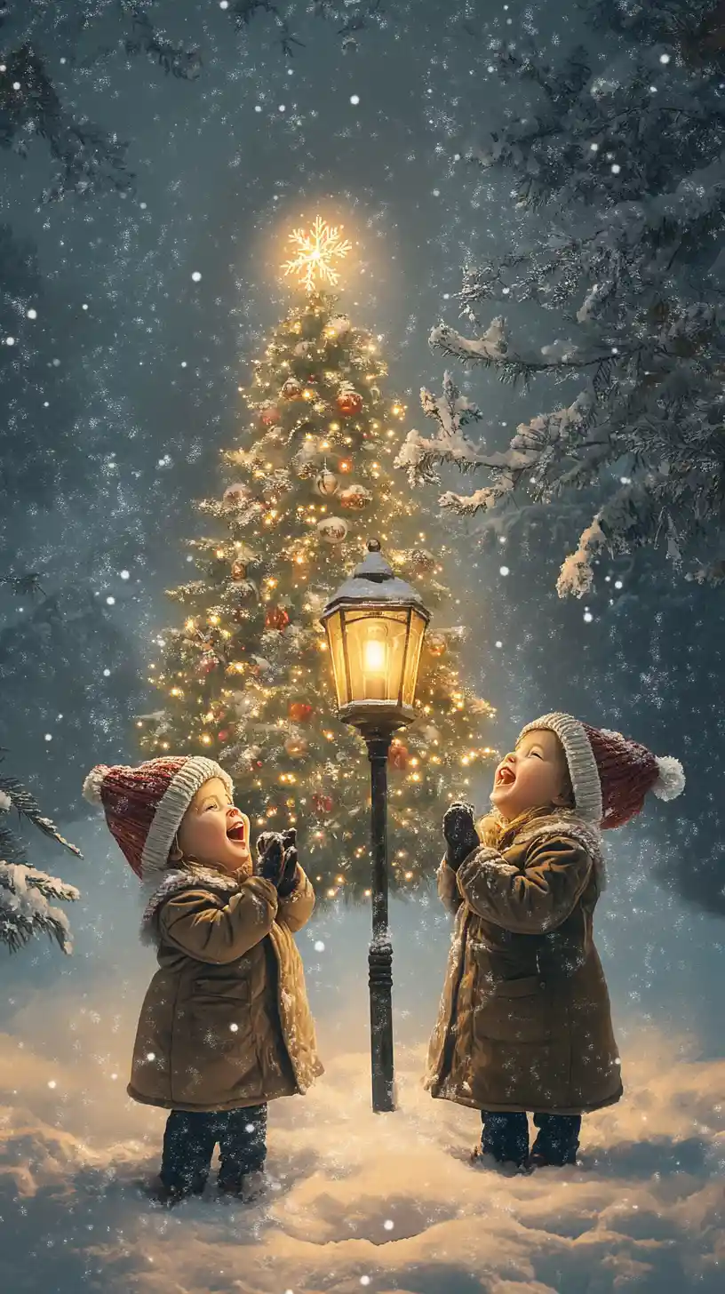 Children singing by a glowing Christmas tree in winter