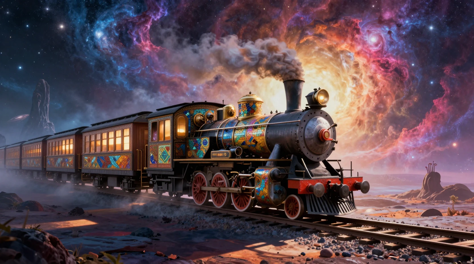 Trem a vapor antigo cruzando uma paisagem cósmica surreal