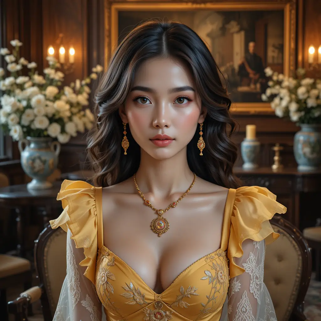 Jovem mulher de vestido amarelo em interior vintage ornamentado
