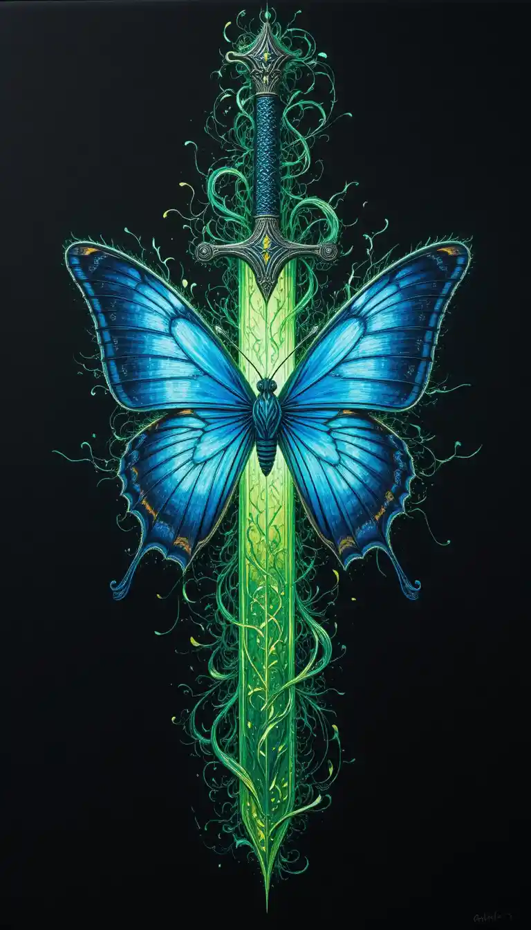 Blue butterfly sword on black background with rising smoke