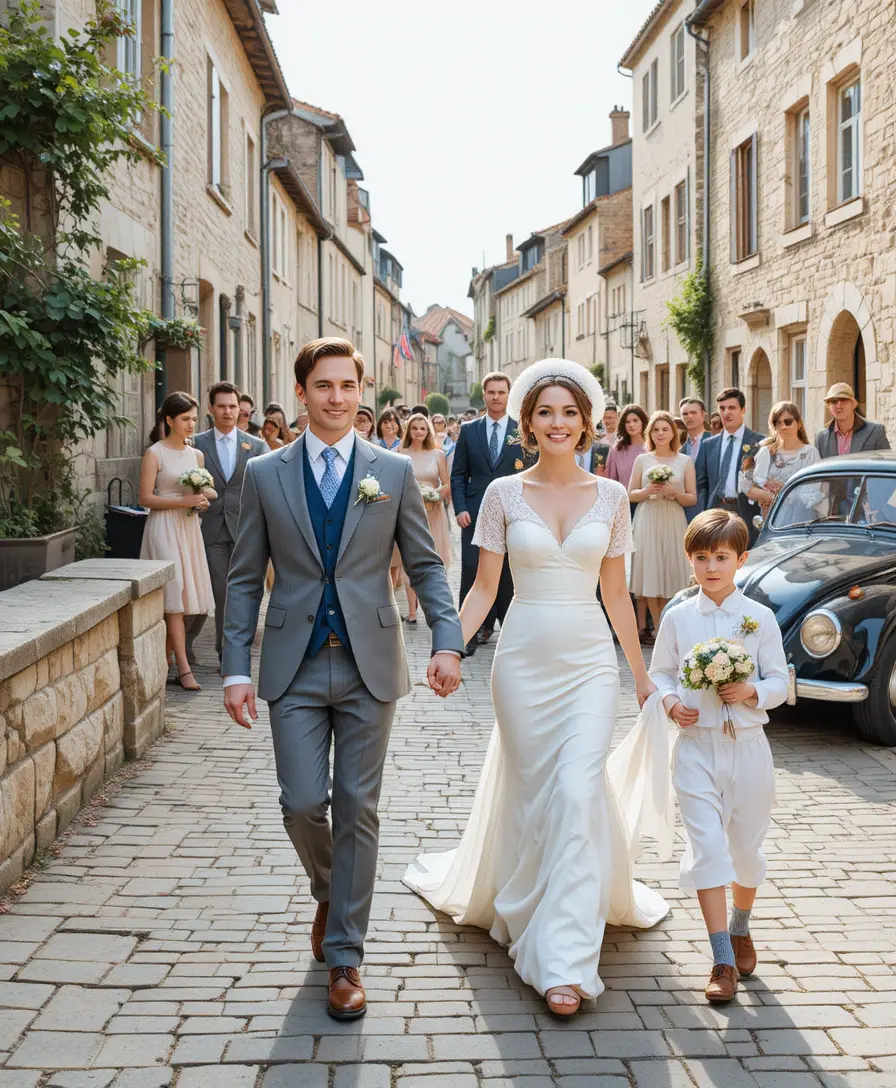 Casal de casamento vintage caminhando por uma rua ensolarada de vila