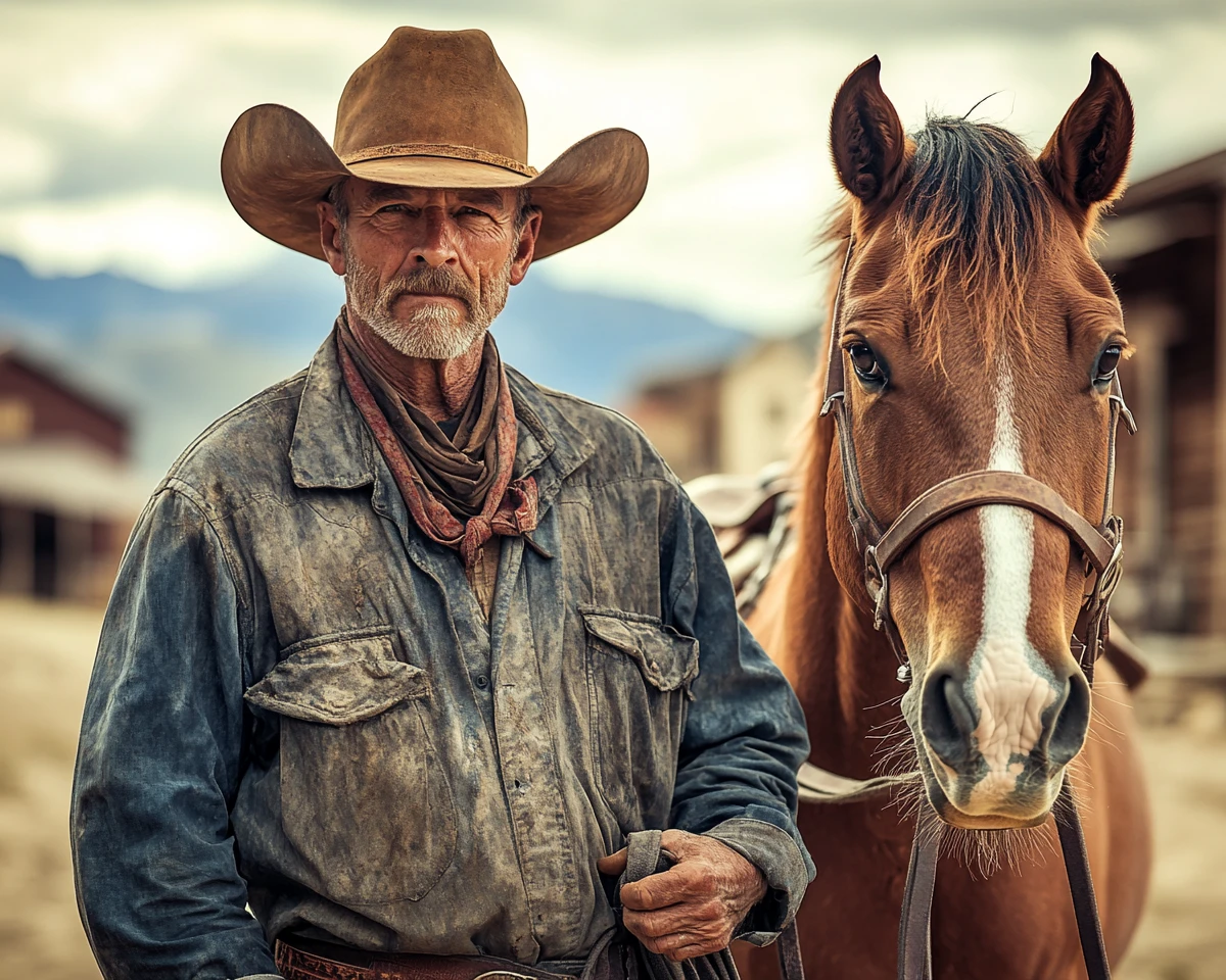 Cowboy queimado de sol com cavalo em cidade oeste empoeirada