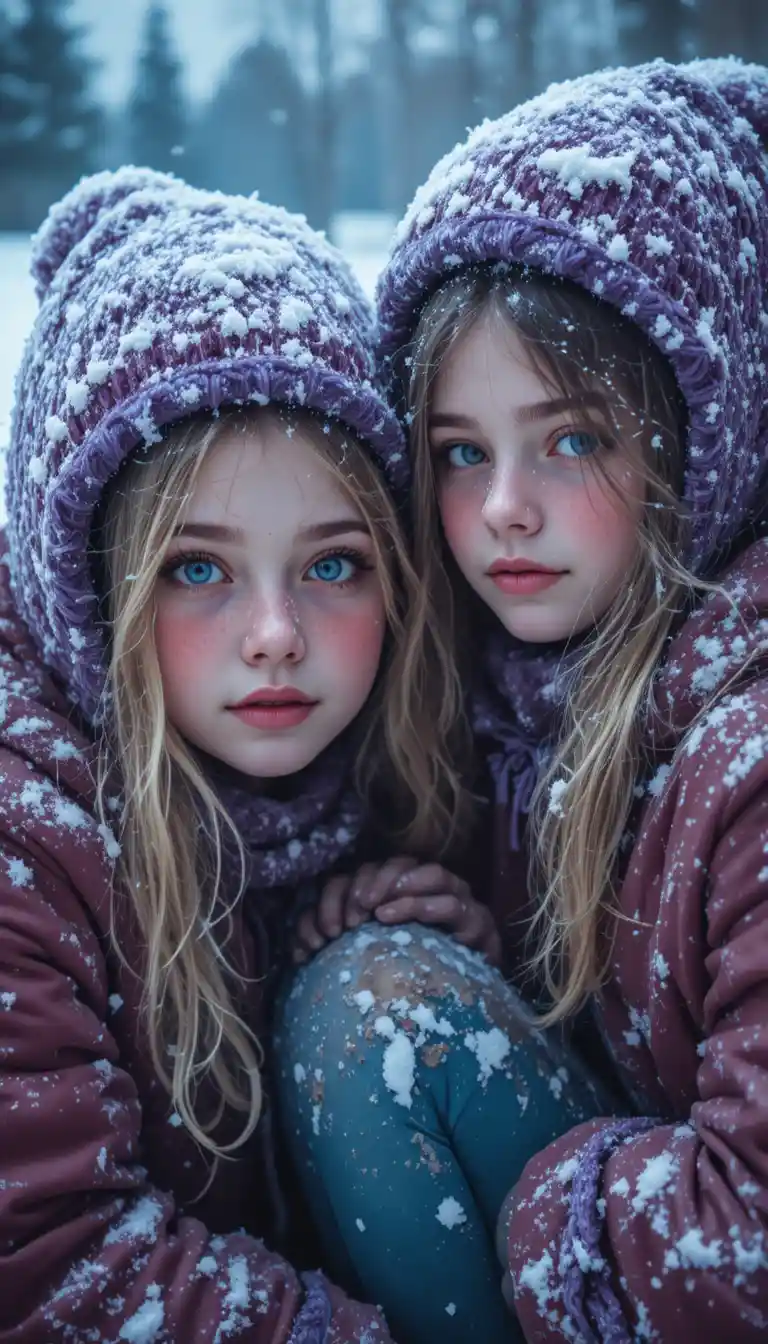 Young girls shivering together in a snowy winter landscape
