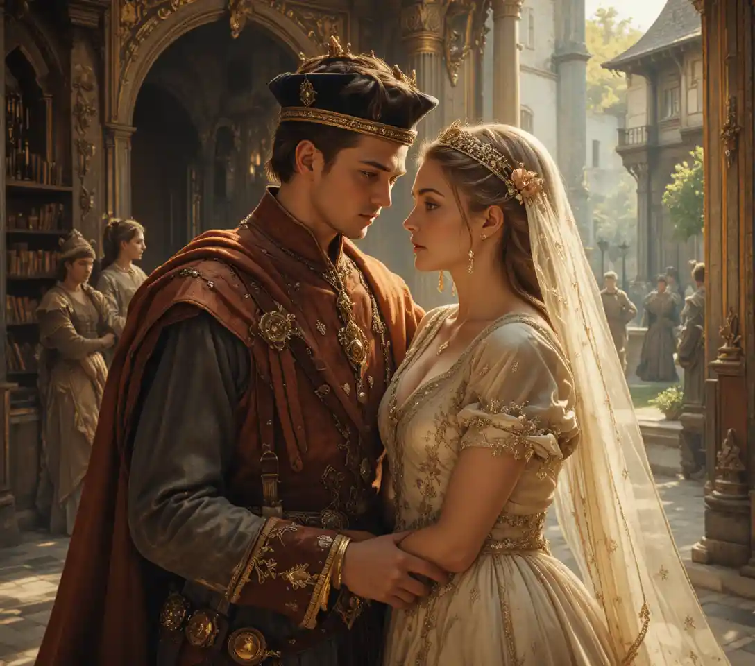 Romantic medieval heroine bathed in soft golden light