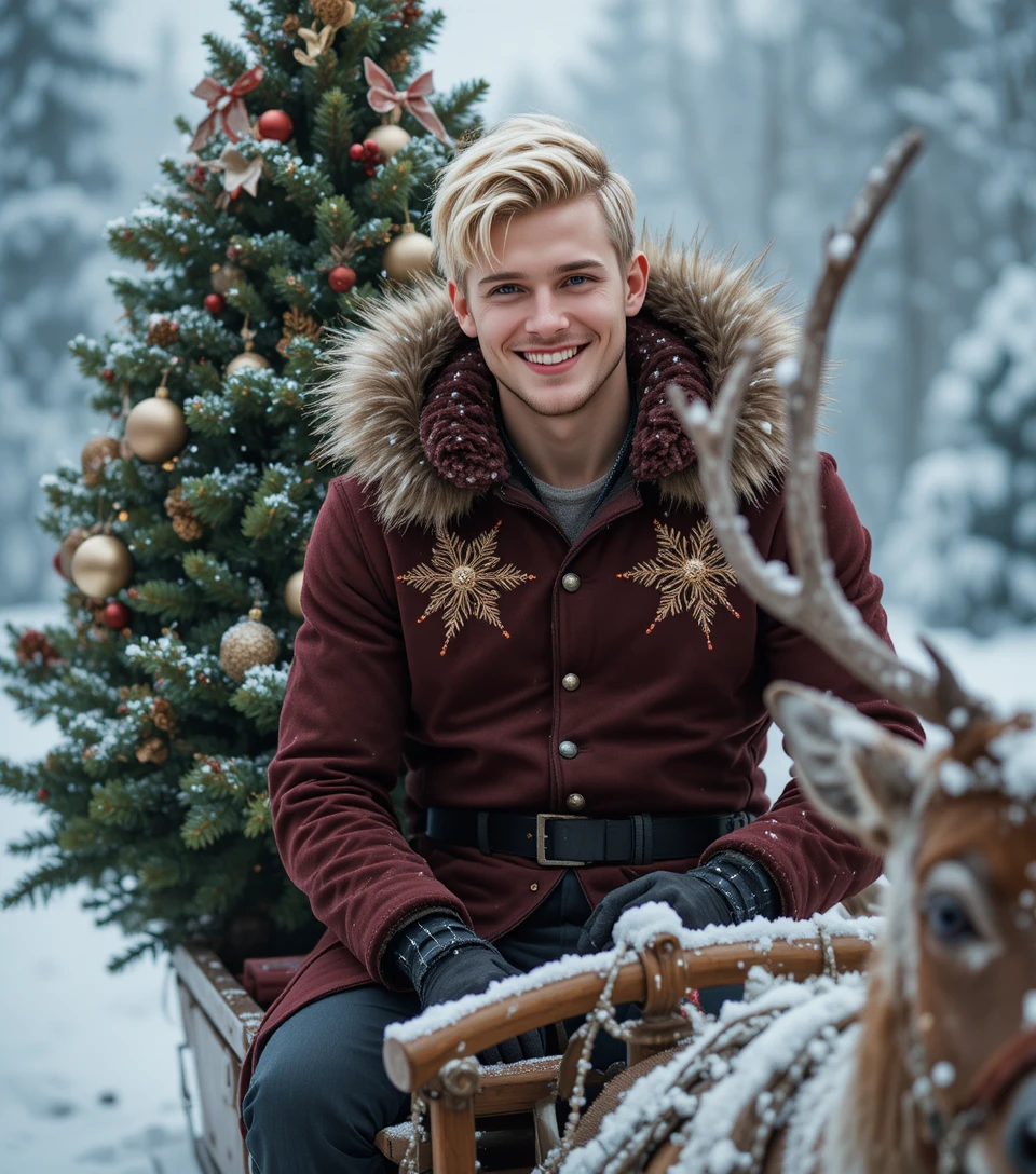 Junger Mann fährt einen Rentierschlitten mit Weihnachtsbaum